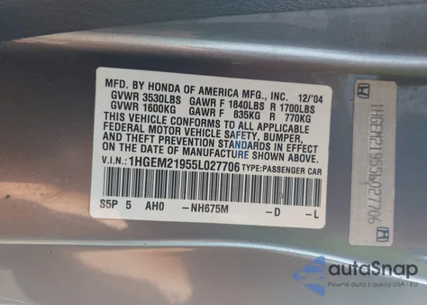 2005 Honda Civic Ex from USA, damaged, VIN 1HGEM21955L027706